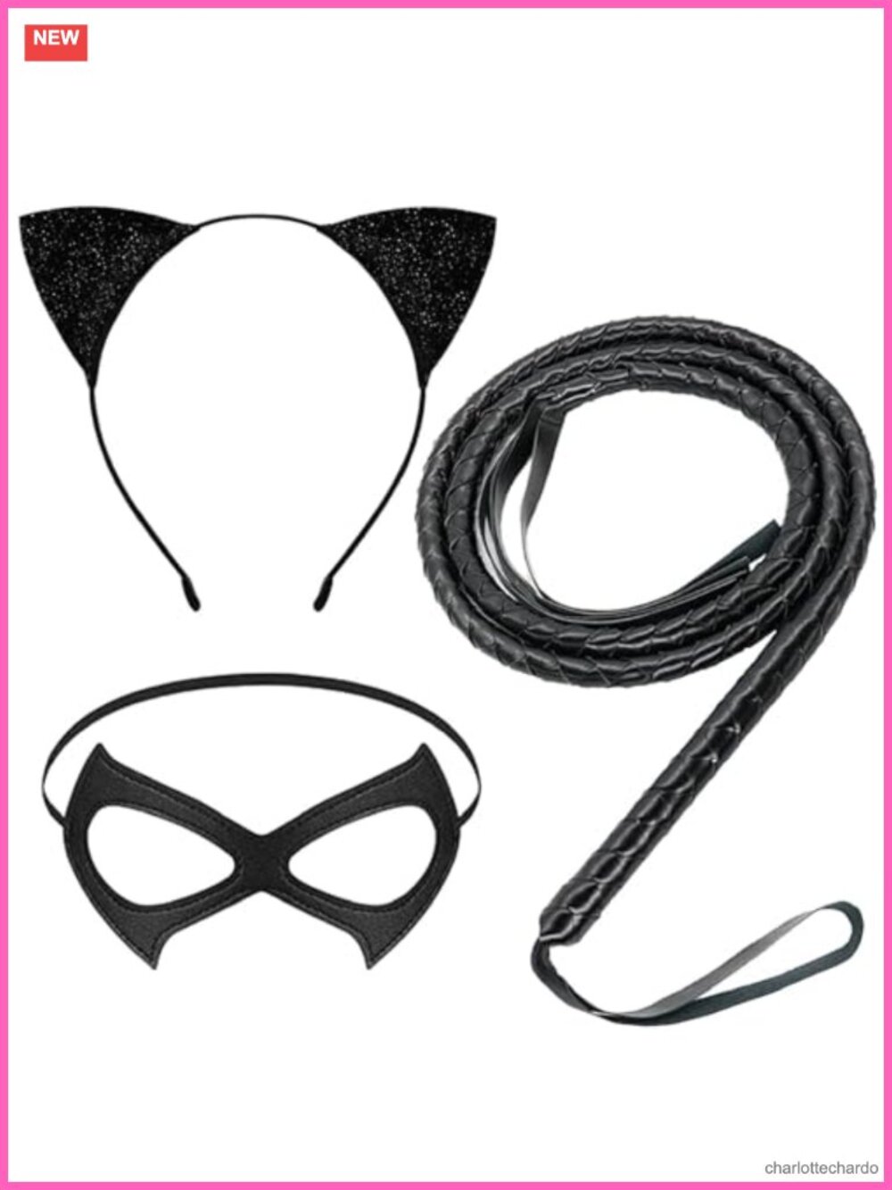 Glitter Cat Ear Headband PU Mask Faux Leather Whip Halloween Costume Set